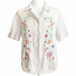 Alfred Dunner Floral Embroidered White Button-Up Shirt
